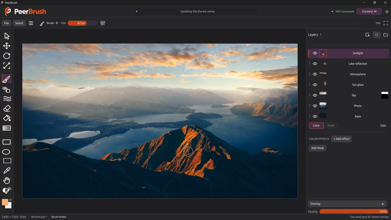 The real PeerBrush window editing a mountain lake at golden hour. Layers for Sunlight, Lake reflection, Atmosphere, Sun glow, Sky and Photo; the status bar shows MCP connected and the AI updating the shared canvas.