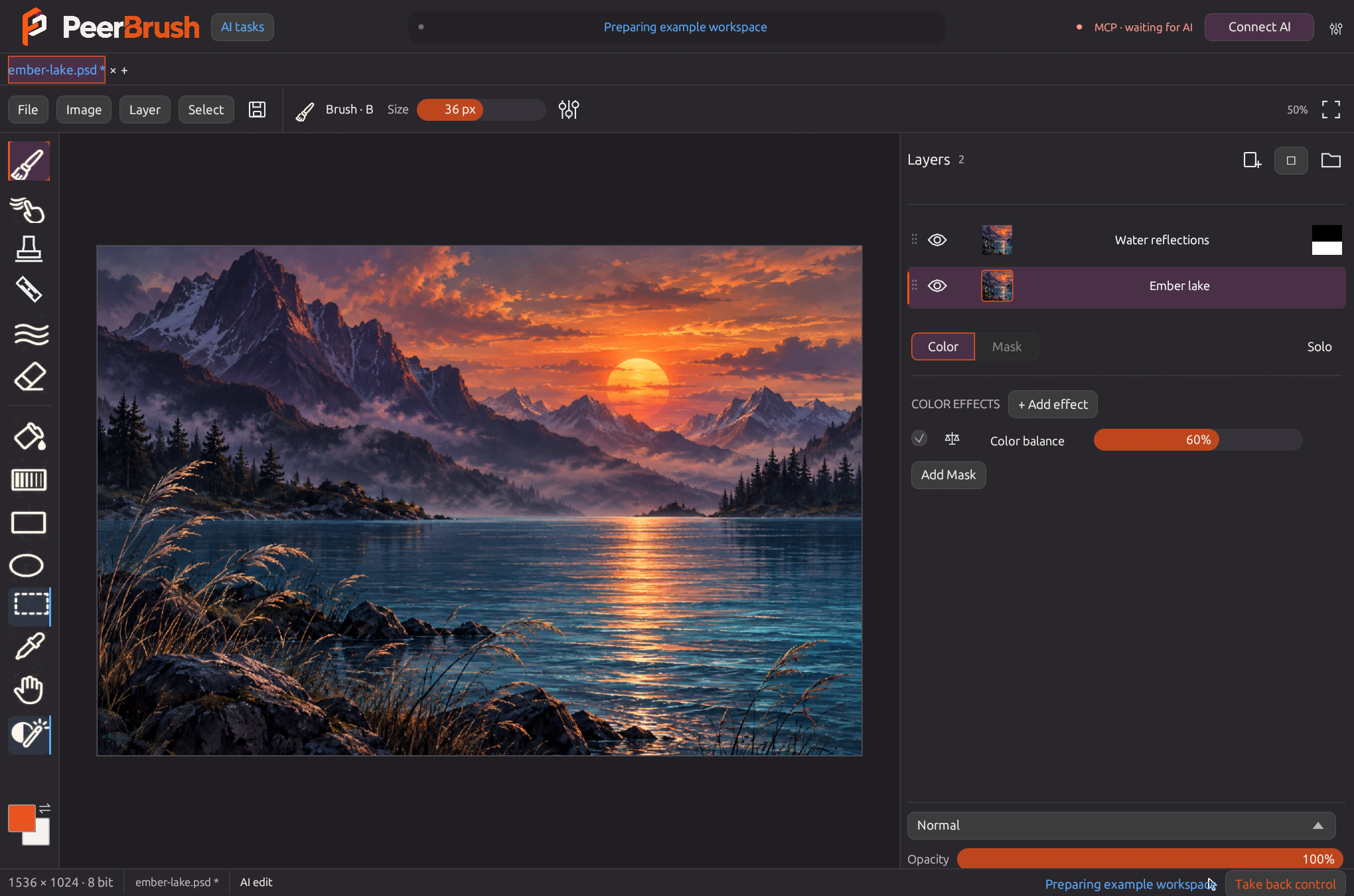 A mountain lake at sunset open in the real PeerBrush workspace, with editable layers, masks and color effects.
